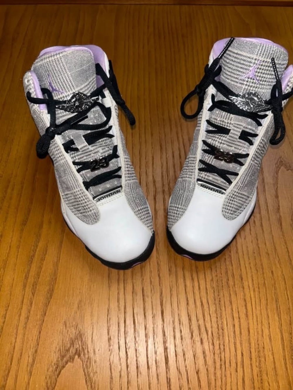 Women Jordan 13 Size 6 Purple And Gray Plaid Pattern